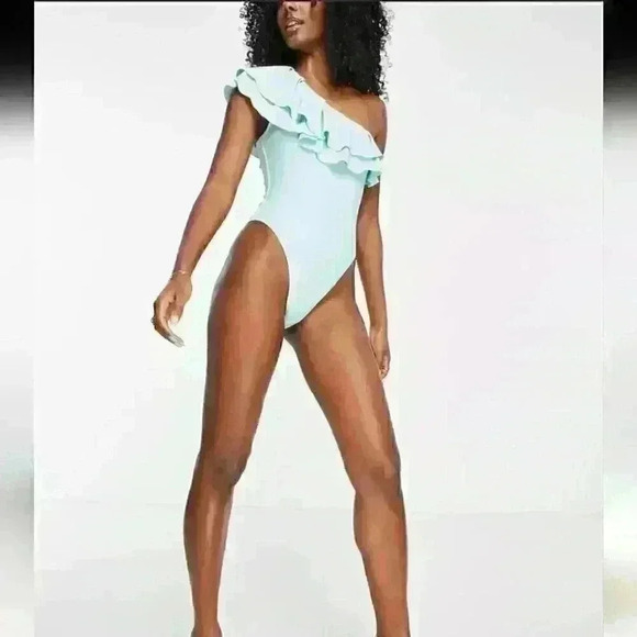Tropic  Frill One Shoulder Ruffle Swimsuit in Aqua - size medium - Picture 3 of 6